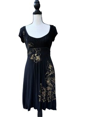 Cache Black Dress with Gold Floral Accents - Scoop Neck Mini
